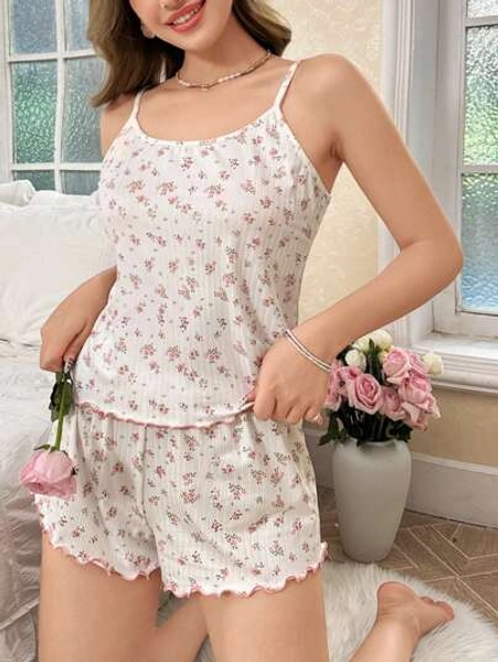 CottageSlumber Romantic Ditsy Floral Camisole Top & Shorts Women Pajama Set Bridal Lingerie, Bountiful Floral Splendor  Cozy And Elegant Details
