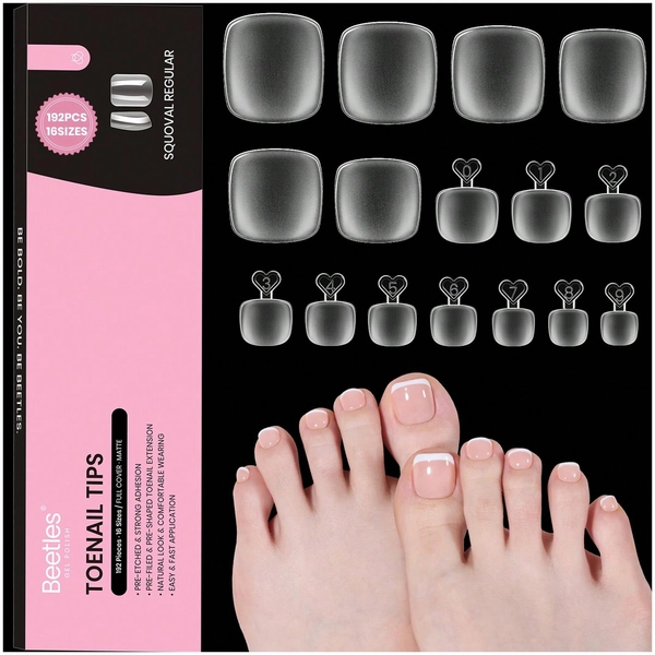 Beetles 16 Sizes 192 Pcs Square Toe Nail Tips - Full Cover Fake Acrylic Toenails, Pre-Etched Double Matte Press On, Soft Gel Toe Nail Extensions For Women