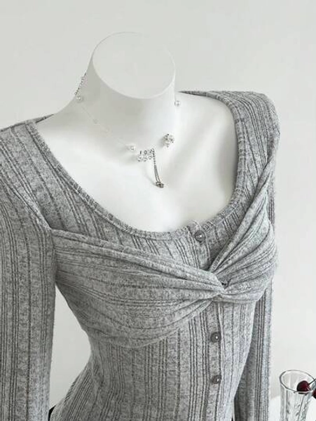 Elamini 1pc Women's Gray Ribbed Twist Knot Button Long Sleeve T-Shirt, Casual & Commuter Wear For Autumn/Winter