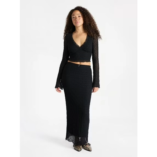 No Boundaries Lace Long Sleeve Crop Top and Midi Skirt Set, 2-Piece, Women’s