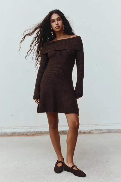 Rib-Knit Off-the-Shoulder Dress - Dark brown