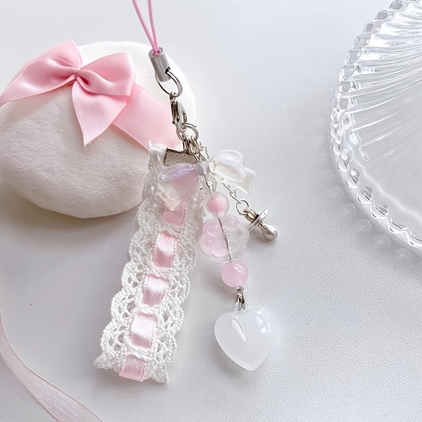 1pc Original Instagram Style Melange Phone Strap, CCD Camera Strap, Bag Charm, Cute Phone Accessory with Millennial Chain and Fashionable Strawberry Bow Pendant, Perfect as a Phone Lanyard or Sweet Gift Choice. ~G22 Heart Ribbon Pendant