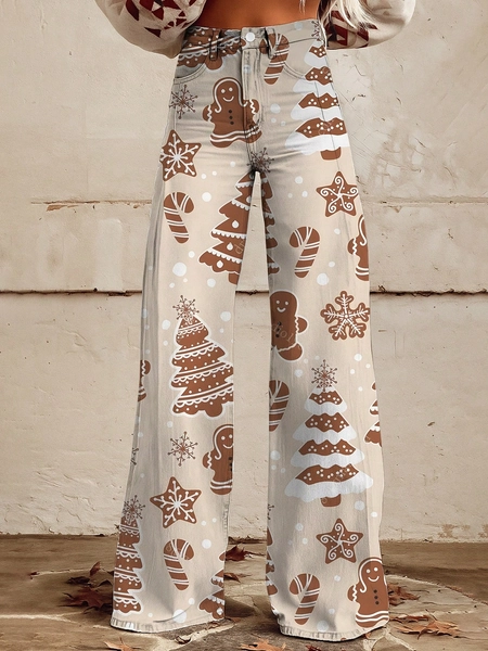 [Denim Print/Imitation Denim] Women's 3D Printed Imitation Denim Wide-Leg Pants - Winter Snowflake & Gingerbread Cookie Print (Brown/Beige) - Straight-Leg Trousers With -Like Waistband, Machine Washable Non-Stretch Jeans For Casual & Christmas