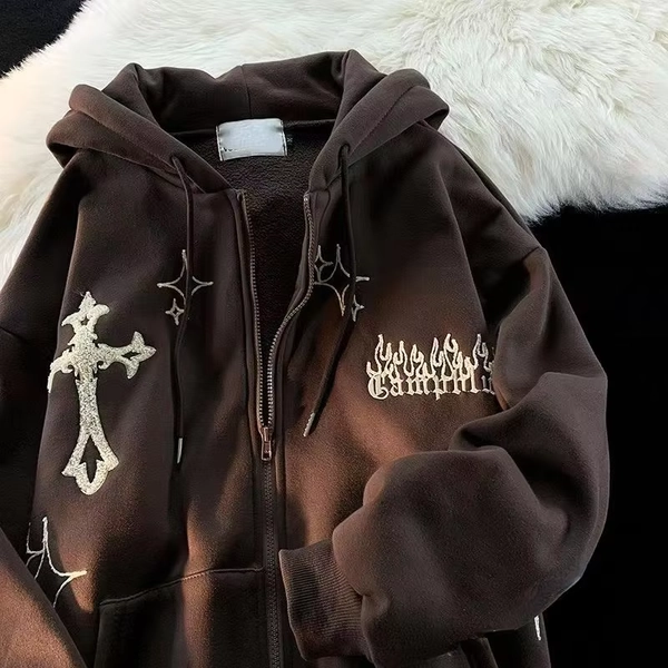 Goth Embroidery Zip-Up Hoodie for Men | Y2K Streetwear, Retro Casual Sweatshirt, Eco-Friendly Korean Fashion