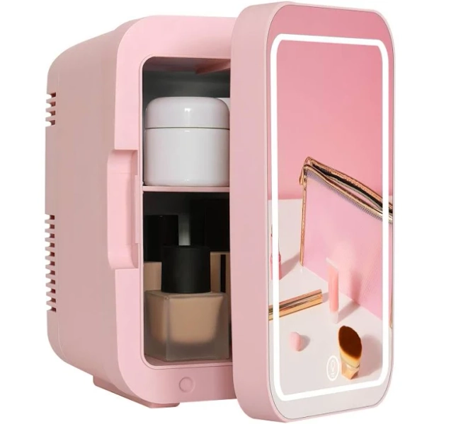 Glacio Mini Fridge Skincare Beauty Cooler Warmer LED Mirror 12V 220V Pink 4L