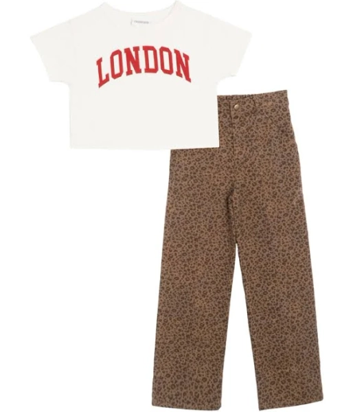 Tween Diva Girls' London Graphic T-Shirt and Leopard Twill Pants Set