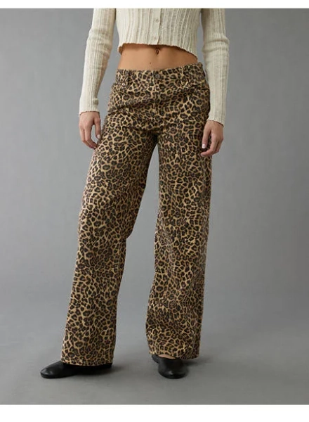AE Women's Stretch Leopard Low-Rise Baggy Wide-Leg Pants