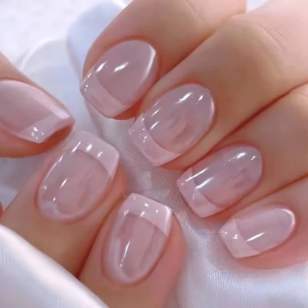 Coffin Pink French Short Glossy Press On Nails