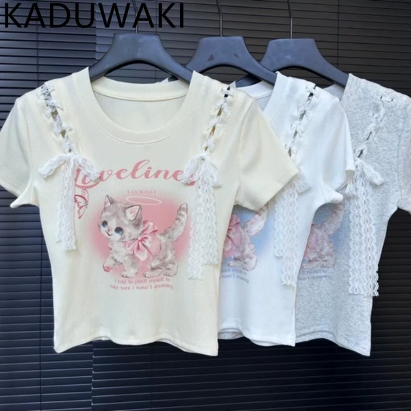 Lace Bandage O-neck Short Sleeve Tee Cartoon Cat Print Casual Cute Slim Fit Crop Top Summer Chic Aesthetic Y2k Grunge Clothes - AliExpress 200000345
