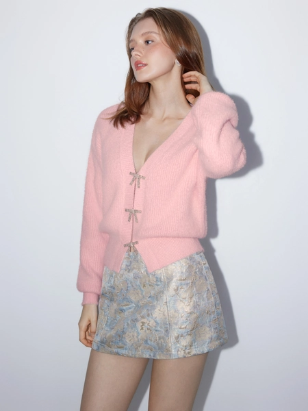 Knit V-neck Puff Sleeve Rhinestone Bowknot Cardigan