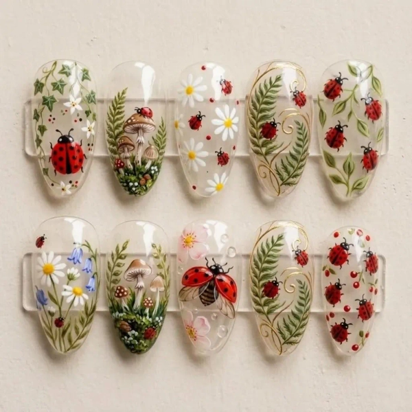 Summer Ladybug Botanical Nail Art, Dainty White Daisy Press On Nails, Whimsical Insect Art