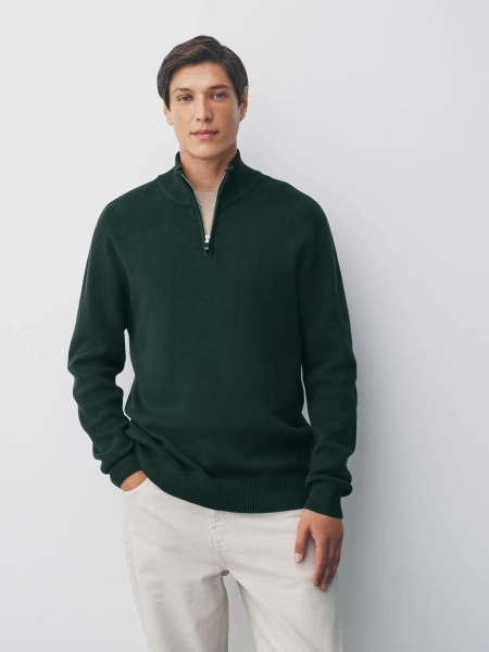 Dark Green Plain Regular Fit 100% Cotton Premium Quarter Zip Jumper