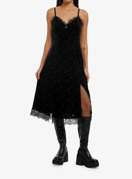Cosmic Aura Black Velvet Cross Midi Slip Dress