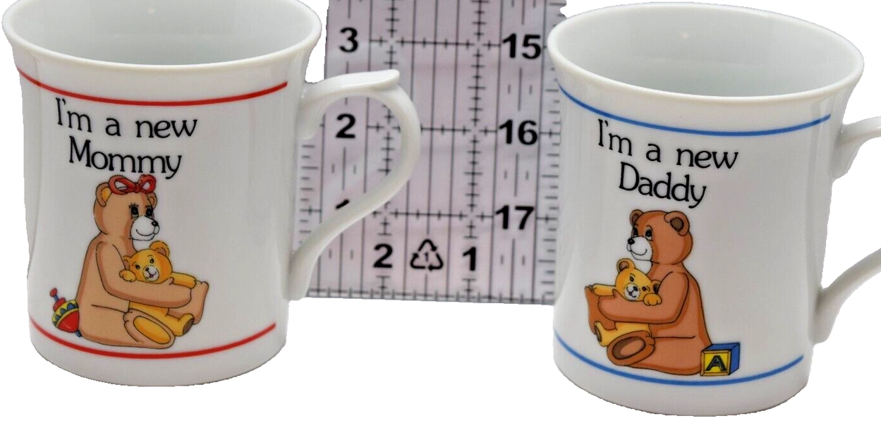 Vintage 1980s Pair Teddy Bear "New Mommy / Daddy" coffee Mug By Treasure Masters