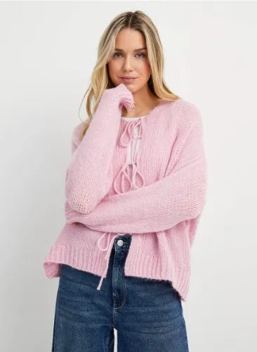 Contemporaine - Women's Tie-up openwork knit Cardigan Sweater