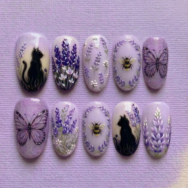 Lavender Cat Press On Nails, Purple Floral Butterfly Nails, Handmade Bee Lavender Flower Nails, Cottagecore Aesthetic Almond Nails