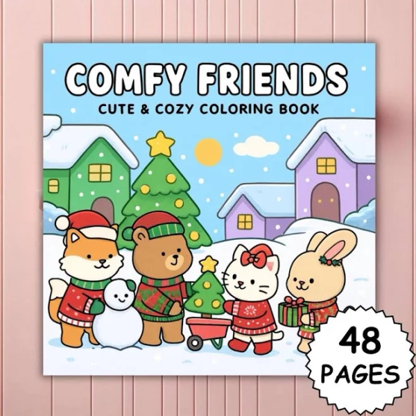 Comfy Friends Bold and Easy Coloring Book for Adults - Cute Cozy Animal Scenes, Coco Wyo Style PDF Printable + Procreate PNG Pages