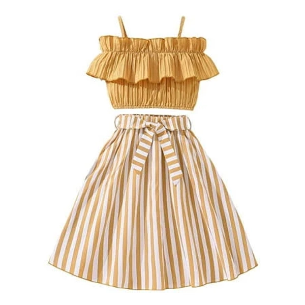 Girls' Sleeveless Ruffle Top and Striped Skirt Outfit
