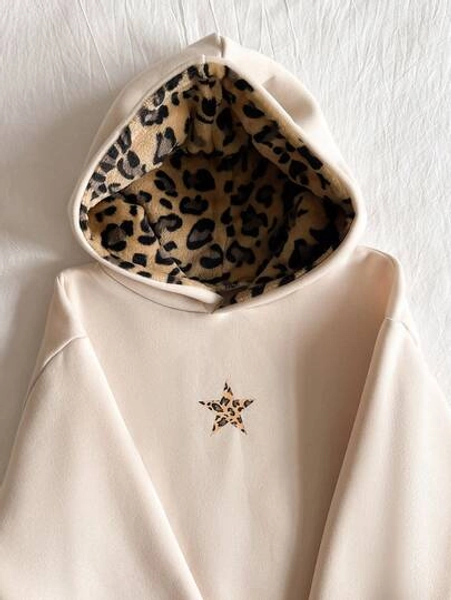 Tween Girls' Casual Street Leopard Faux Fur Hat, Five-Pointed Star & Leopard Print Pattern, Suitable For Street Style, Hooded Sweatshirt