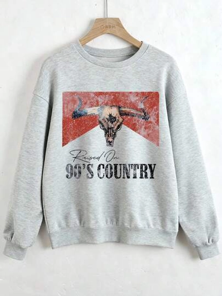 90s Country Western Bull Graphic Retro Women Sweatshirt, Women's Casual Dropped Shoulder Crew Neck Long Sleeve Pullover