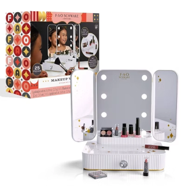 FAO Schwarz Makeup Vanity Mirror Set: Educational Toy Beauty Playset with LED Lights & Accessories