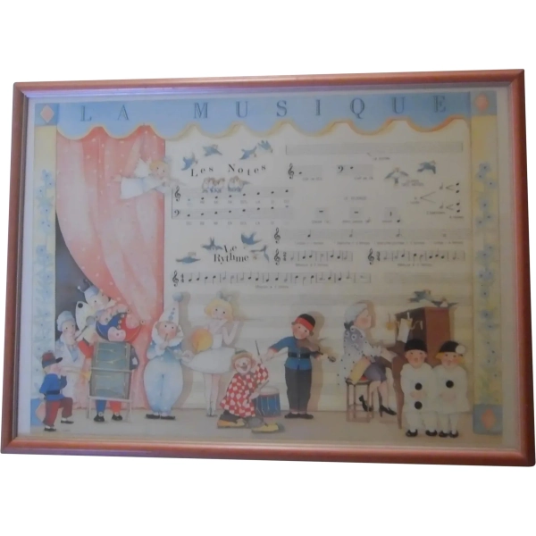 1980's-90's Nursery or Children's Illustration Art Decor | Framed Chromolithograph "La Musique"