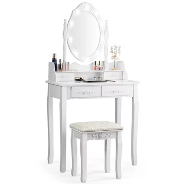 Costway Makeup Vanity Dressing Table Set w/10 Dimmable Bulbs Cushioned Stool White