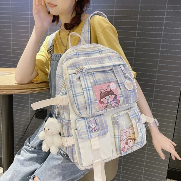Kawaii College Style Canvas Grid Backpack - Limited Edition
