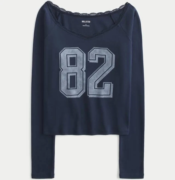 Hollister Women's Off-The-Shoulder Lace Trim Graphic Tee