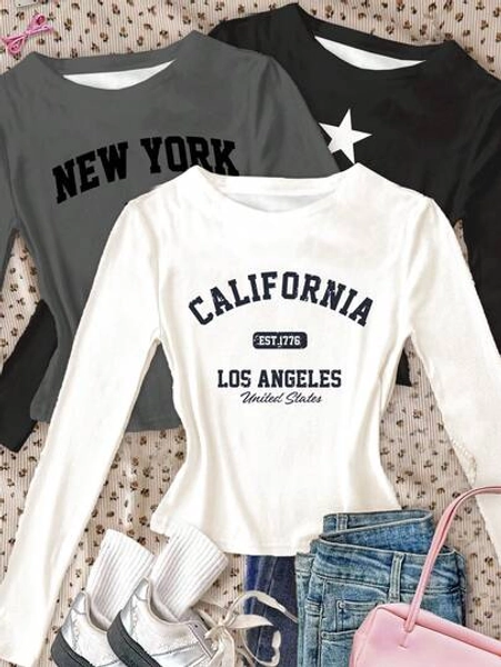 SHEIN Bolty 3pcs/Set Tween Girls' All-Match Solid Color, Minimalist Letter & Star Print Fitted Cropped Long Sleeve T-Shirts, Suitable For Autumn & Winter Outfits