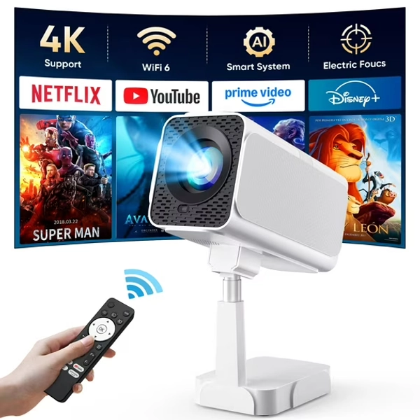[Netflix-Licensed] Smart Projector with WiFi and Bluetooth, 4K 1080P Support, Electric Focus & Auto Keystone, Rotatable & Height-Adjustable Stand, Max 250" Screen