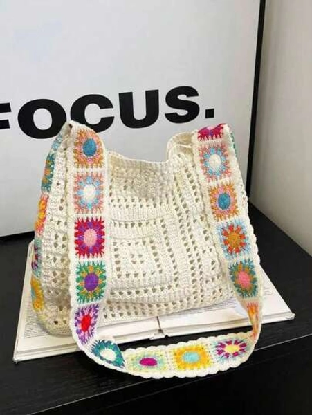 Dedoo Retro Hollow-Out Floral Contrast Color Casual Crossbody Bag(The Color Position Of Flowers Is Random)(The Color/Pattern Of Shoulder Strap Is Random)