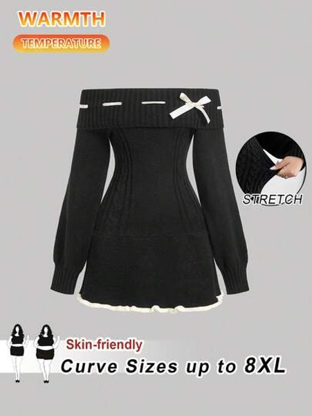 SHEIN CURVE+ Plus Size Women's Apricot And Black Jacquard Butterfly Condensation Shoulder Long Sleeved Sweater Dress, Back To School Dress, Elegant Women's Clothing, Airport Women's Clothing, Halloween Clothing, Short Dress, Autumn Clothing, Party Women's Clothing Winter Goth