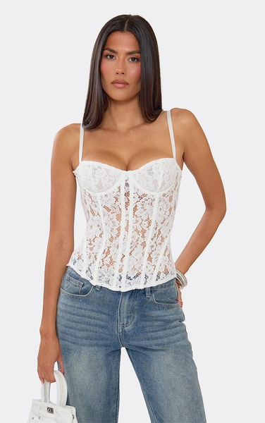 Strappy Corset Top In White Lace