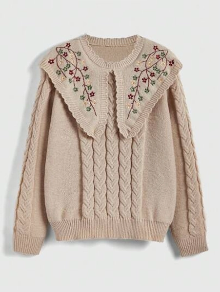 ROMWE Plus Size Fairycore Vintage Floral & Plant Embroidered Pullover Sweater, For Winter