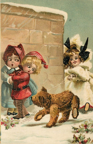 Postcard Fancy Girl With Teddy Bear On a Leash Scares Children IAPC 791