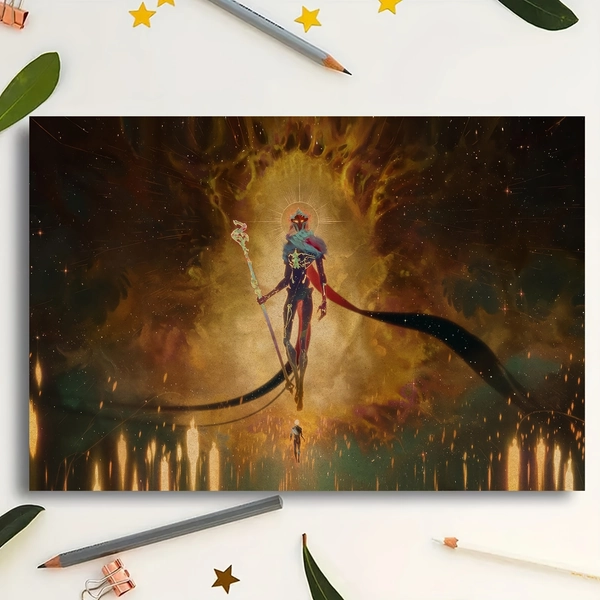 1pc Arcane-Inspired Canvas Wall Art, Frameless Monotype Print, 12x18inch - Vibrant Cosmic Warrior with Golden Halo, Ideal for Bedroom, Living Room, or Hallway Decor, Indoor Wall Decor|Vibrant Wall Art|Frameless Print, Wall Decor