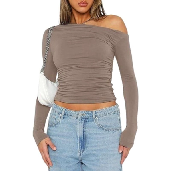 Coolmee Women's Casual Long Sleeve Boat Neck Off Shoulder Slim Fit Crop Top Going Out Blouses Tight Shirts Small Brown