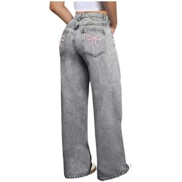 Infant Yocbz Girls Bow Jeans Wide Leg Baggy Denim Pants High Waisted Trousers Casual Cute Y2K Streetwear with Pockets Grey