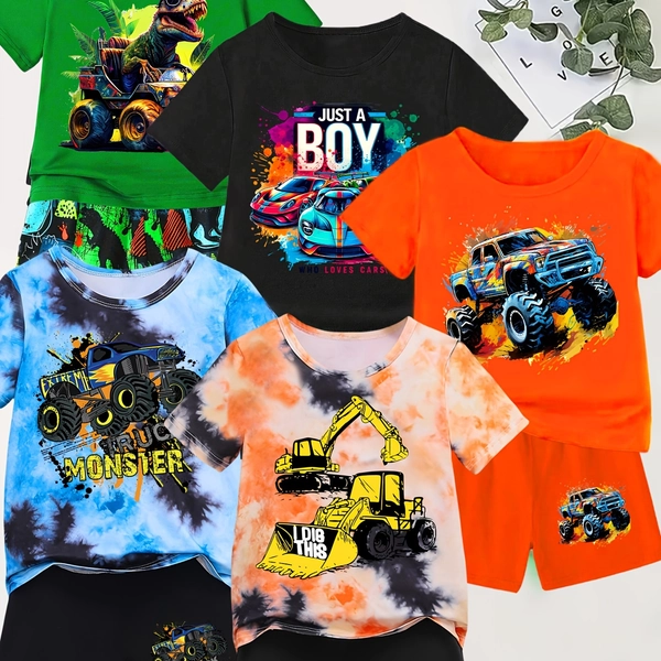 5 Sets Boys T-Shirt Shorts Set Summer Boys Fashion Dinosaur Off-Road Vehicle Series Printed Children Cute Casual Set, for Outdoor