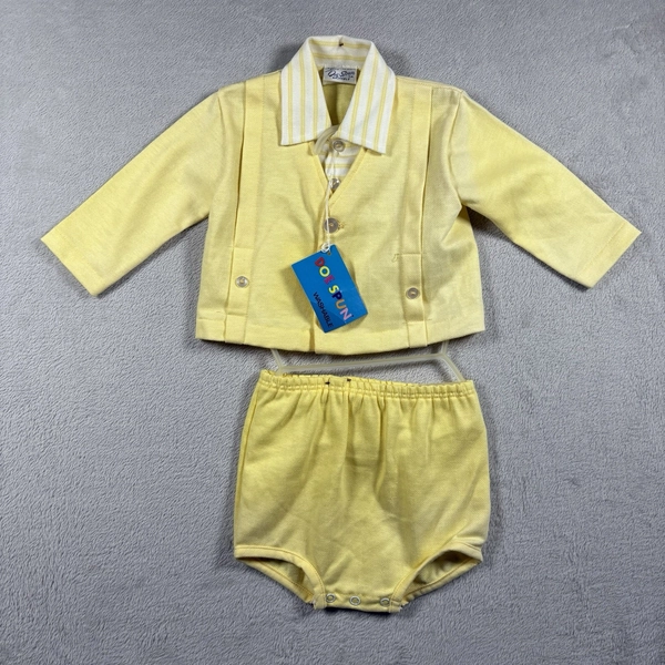 Vintage Doe Spun Two Piece Toddler Size 12 Months Retro Stripes 80s Yellow