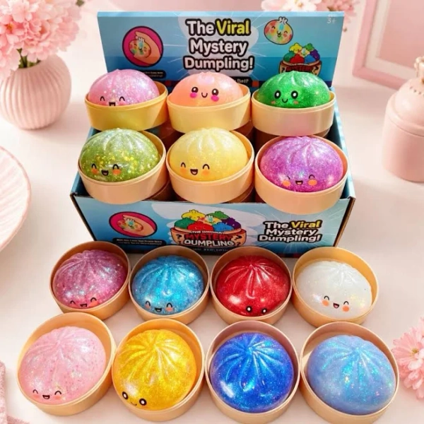 Viral Dumpling Squishy Toy, Mystery Glitter Stress Ball, Kawaii Sensory Fidget Gift, Cute Blind Box Desk Toy