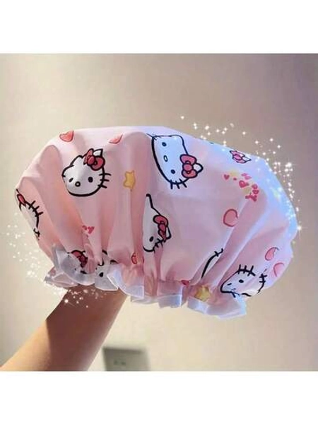 Sanrio 1 Sanrio Hello Kitty Shower Cap - High-Quality Thickened Double-Layer Design, Cartoon Heart And Star Pattern, Women's Home Bathing Cap, Cooking Cap, Suitable For Bathroom And Kitchen Use, Essential For Travel, Perfect Birthday, Party, And Holiday
