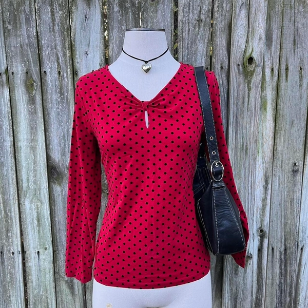 2000s red polka dot long sleeve blouse with tie...