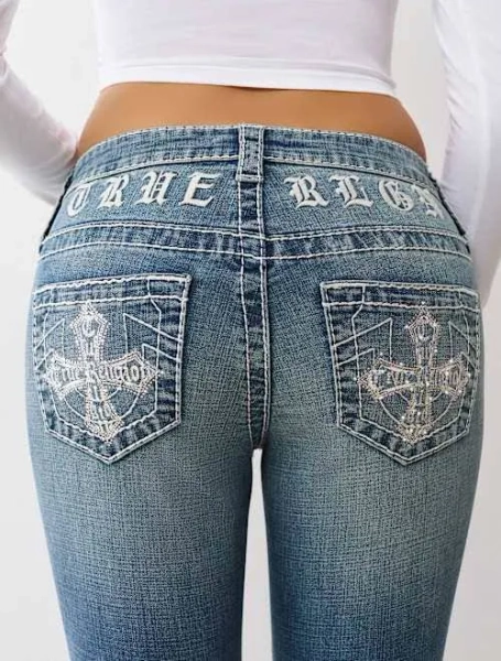 True Religion Women's Joey Mid Rise Big T Cross Flare Jeans