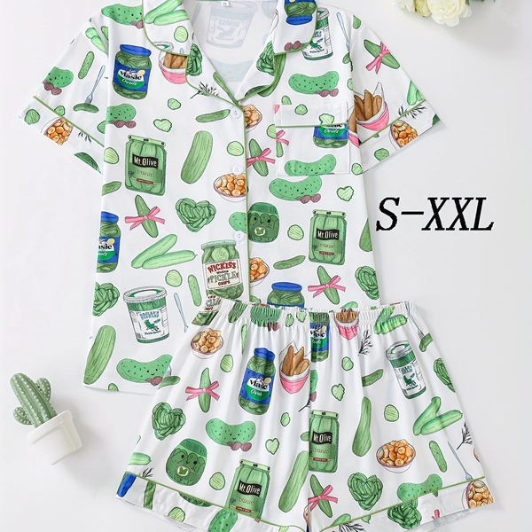 A Two-Piece Set of Green Healthy Vegetable Printed Short Pajamas for Women, Featuring a Collared Button-Up Short Sleeve Top And Comfortable Shorts, an Elegant Ladies' Sleepwear Ensemble