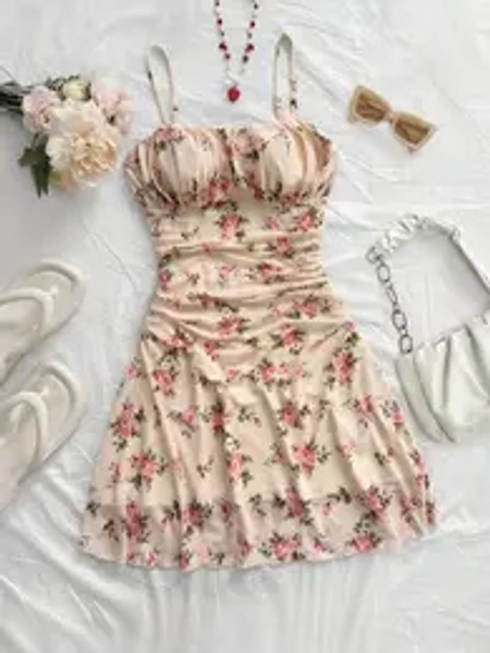 Women's Summer Dress, Blue & Floral Mesh Strapless Vacation Dress, Light Color Lightweight Women's Clothing, Casual Fashion Aesthetic