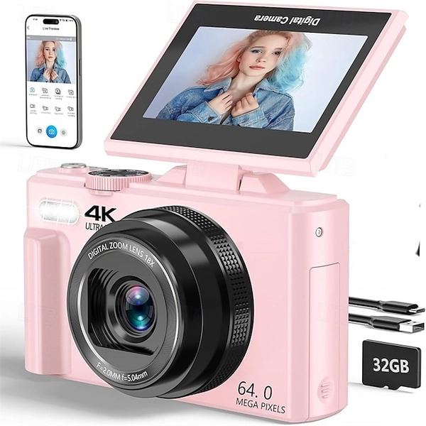 4K Digital Camera for Photography 64MP Vlogging Camera for YouTube with 3 180 Flip Screen 18X Digital Zoom Point and Shoot Camara with 32GB Micro SD C