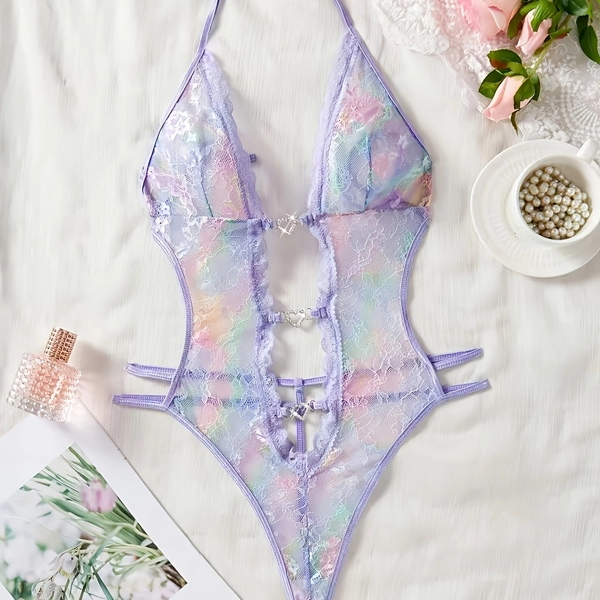 1pc Floral Lace Mesh Bodysuit, Backless Spaghetti Strap Onesie, Sexy Lingerie