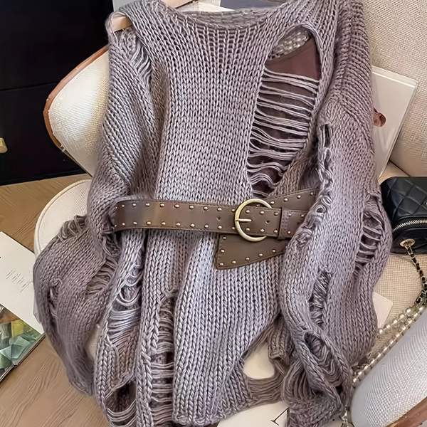 New American Vintage Distressed Hollow-Out Long Sleeve Loose Fashion Sweater Top for Women, Size Runs Small, Order One Size Up, No Belt, No Lining, Niannian
